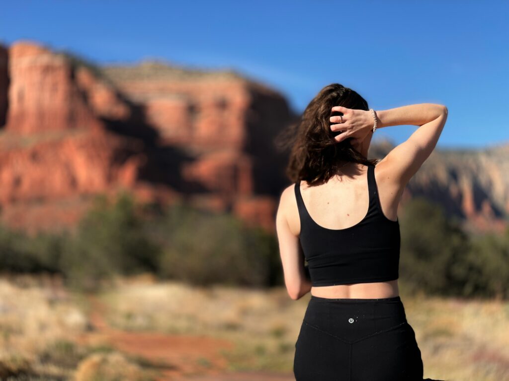 Woman looking out at mountains