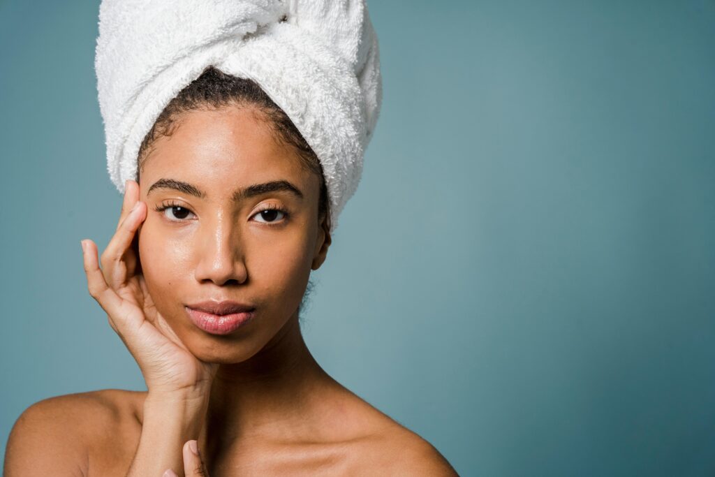 Woman with towel on head